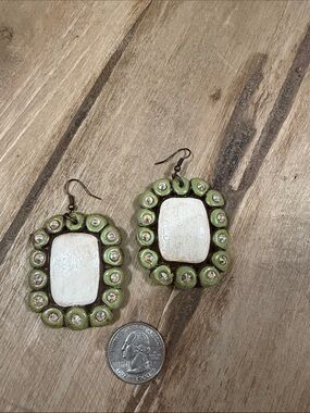 Handcrafted Green and White Oval Drop Earrings